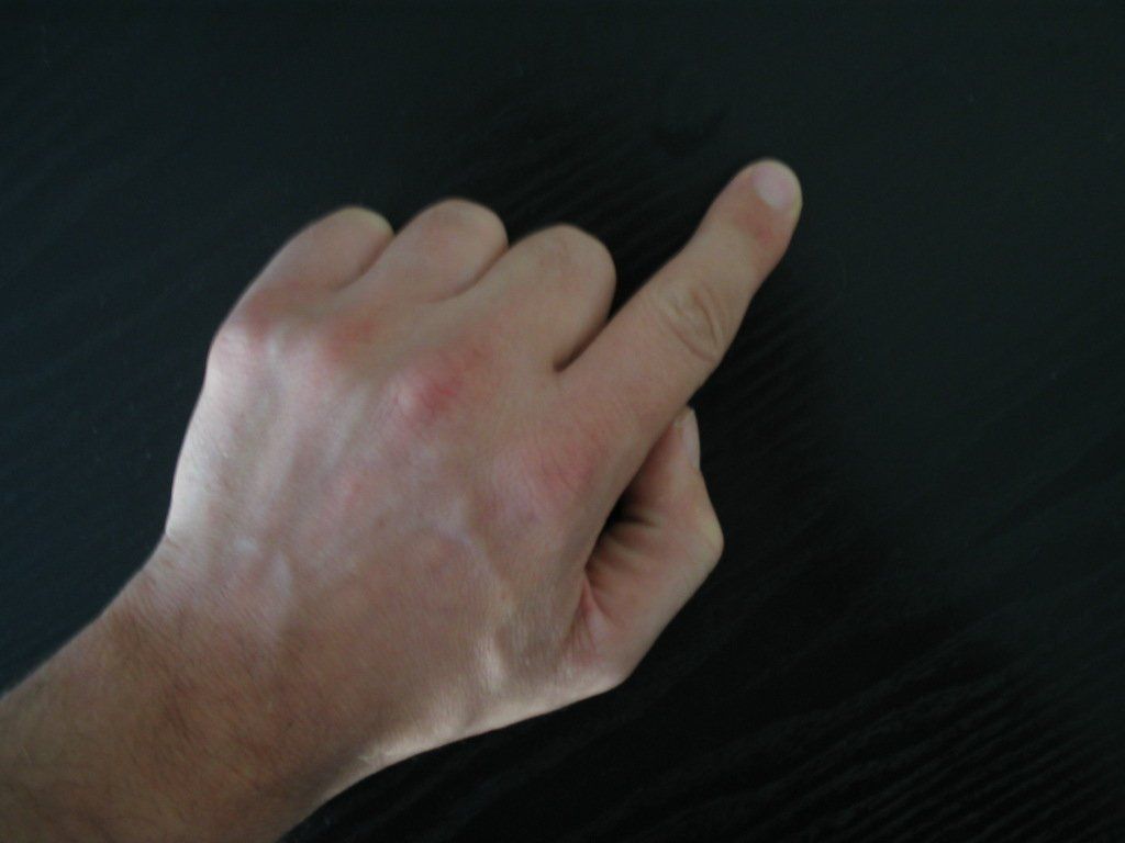 Fist with two fingers on either side of throat